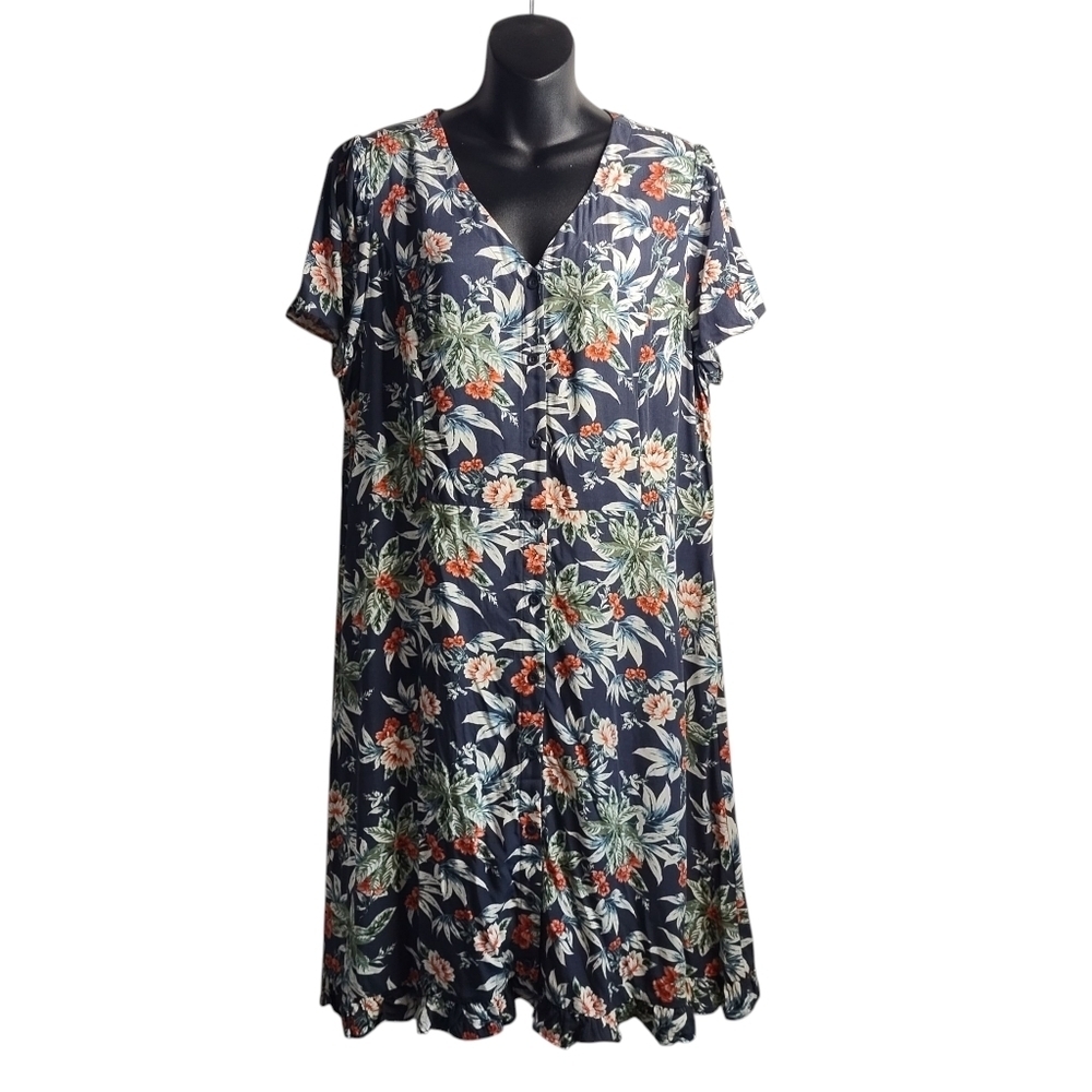 Christopher & Banks Women's Multicolor Floral Ruffle Hem Dress V-Neck Button 14